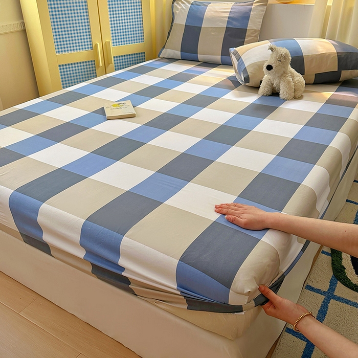 91家纺网 家纺一手货源 找家纺 十一家居 2025新款亲肤裸睡云朵棉水洗棉床笠-洛可系列 蓝调大格