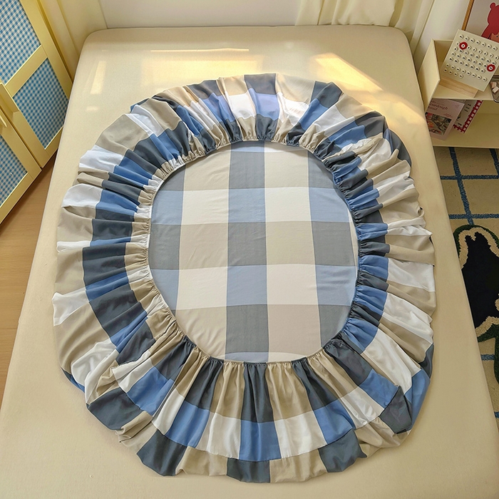 91家纺网 家纺一手货源 找家纺 十一家居 2025新款亲肤裸睡云朵棉水洗棉床笠-洛可系列 蓝调大格