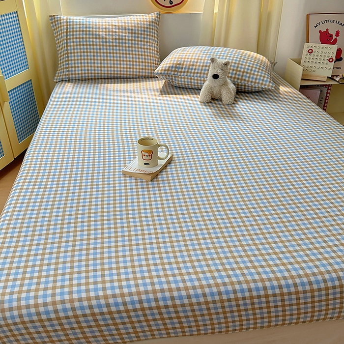 91家纺网 家纺一手货源 找家纺 十一家居 2025新款亲肤裸睡云朵棉水洗棉床笠-洛可系列 蓝咖小格