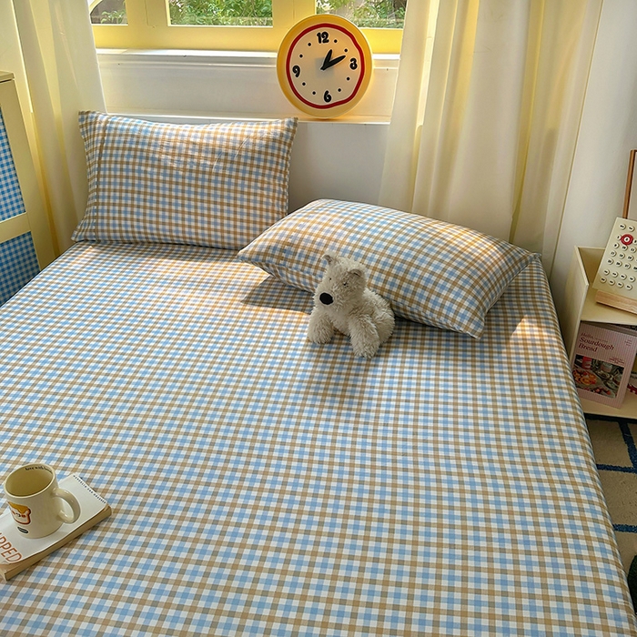 91家纺网 家纺一手货源 找家纺 十一家居 2025新款亲肤裸睡云朵棉水洗棉床笠-洛可系列 蓝咖小格