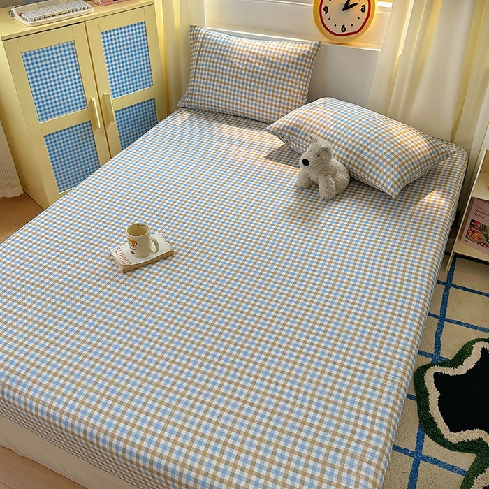 91家纺网 家纺一手货源 找家纺 十一家居 2025新款亲肤裸睡云朵棉水洗棉床笠-洛可系列 蓝咖小格