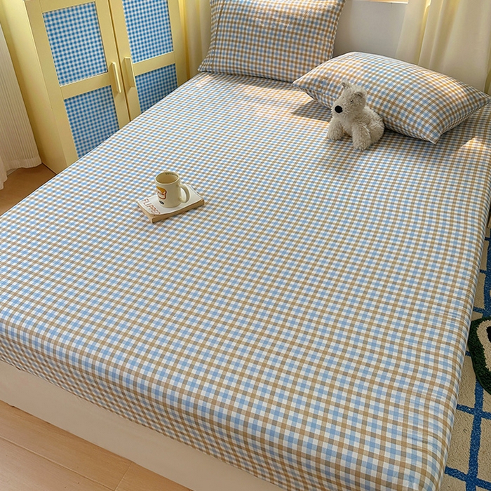 91家纺网 家纺一手货源 找家纺 十一家居 2025新款亲肤裸睡云朵棉水洗棉床笠-洛可系列 蓝咖小格