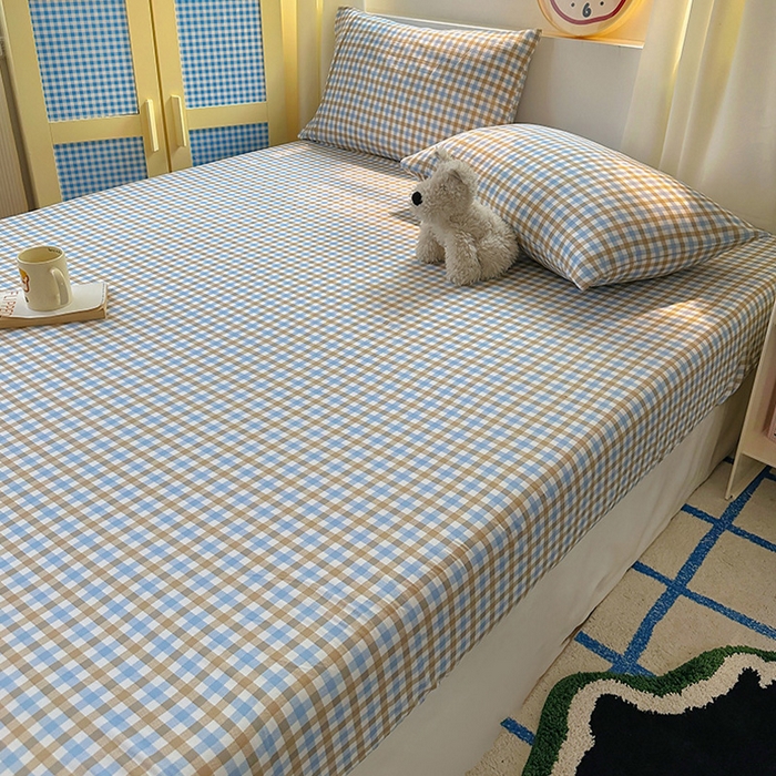 91家纺网 家纺一手货源 找家纺 十一家居 2025新款亲肤裸睡云朵棉水洗棉床笠-洛可系列 蓝咖小格