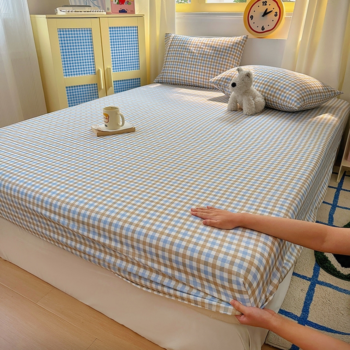 91家纺网 家纺一手货源 找家纺 十一家居 2025新款亲肤裸睡云朵棉水洗棉床笠-洛可系列 蓝咖小格