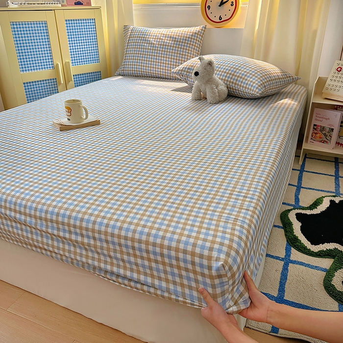 91家纺网 家纺一手货源 找家纺 十一家居 2025新款亲肤裸睡云朵棉水洗棉床笠-洛可系列 蓝咖小格