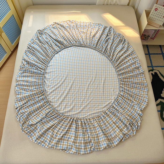 91家纺网 家纺一手货源 找家纺 十一家居 2025新款亲肤裸睡云朵棉水洗棉床笠-洛可系列 蓝咖小格