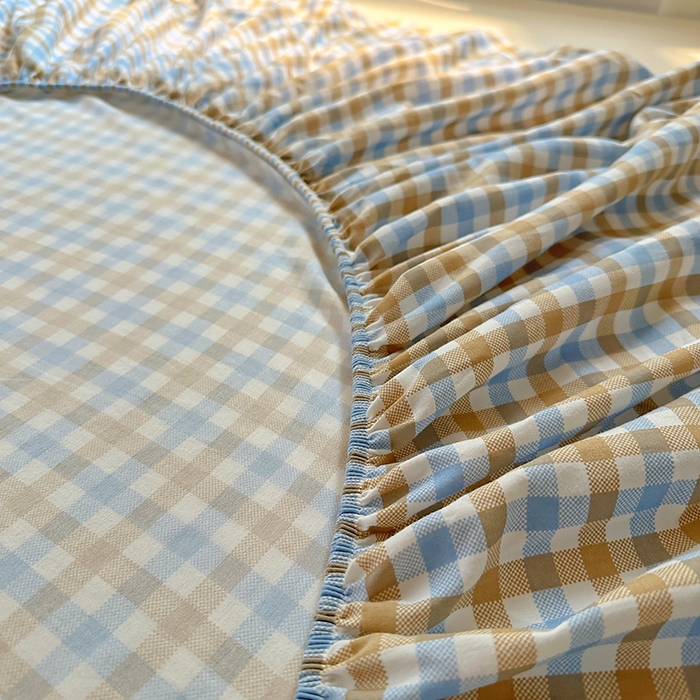 91家纺网 家纺一手货源 找家纺 十一家居 2025新款亲肤裸睡云朵棉水洗棉床笠-洛可系列 蓝咖小格