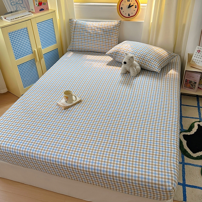 91家纺网 家纺一手货源 找家纺 十一家居 2025新款亲肤裸睡云朵棉水洗棉床笠-洛可系列 蓝咖小格