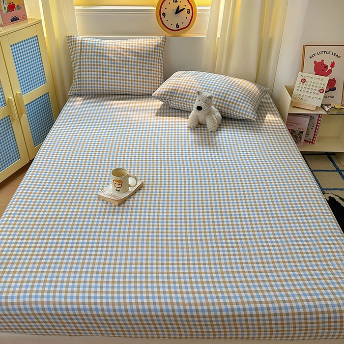 91家纺网 家纺一手货源 找家纺 十一家居 2025新款亲肤裸睡云朵棉水洗棉床笠-洛可系列 蓝咖小格