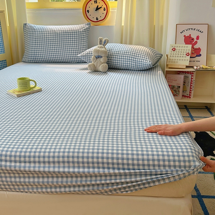 十一家居 2025新款亲肤裸睡云朵棉水洗棉床笠-洛可系列 蓝小格