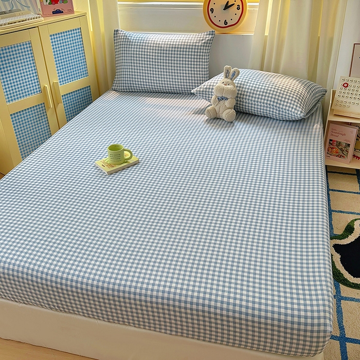 91家纺网 家纺一手货源 找家纺 十一家居 2025新款亲肤裸睡云朵棉水洗棉床笠-洛可系列 蓝小格