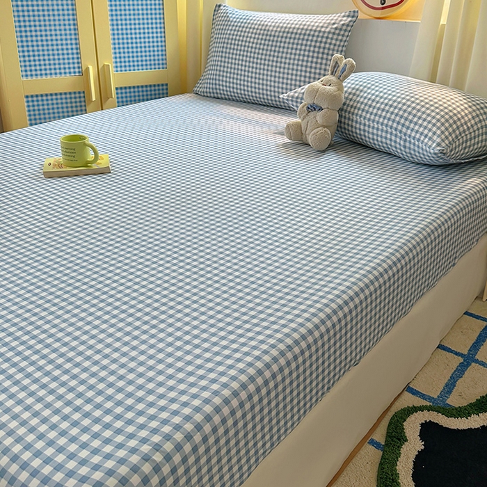 91家纺网 家纺一手货源 找家纺 十一家居 2025新款亲肤裸睡云朵棉水洗棉床笠-洛可系列 蓝小格