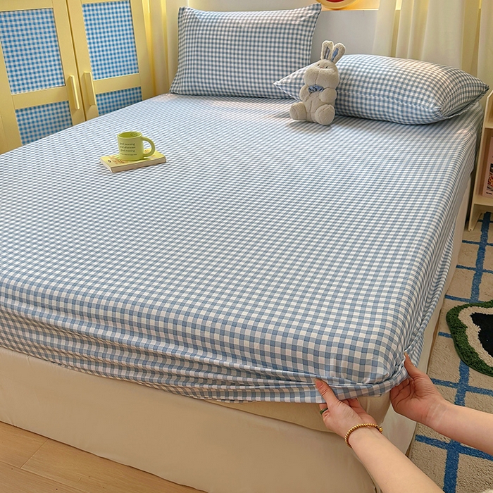 91家纺网 家纺一手货源 找家纺 十一家居 2025新款亲肤裸睡云朵棉水洗棉床笠-洛可系列 蓝小格