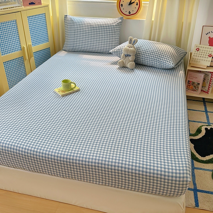 91家纺网 家纺一手货源 找家纺 十一家居 2025新款亲肤裸睡云朵棉水洗棉床笠-洛可系列 蓝小格