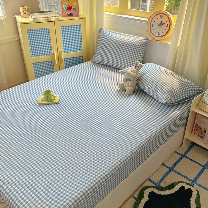 91家纺网 家纺一手货源 找家纺 十一家居 2025新款亲肤裸睡云朵棉水洗棉床笠-洛可系列 蓝小格