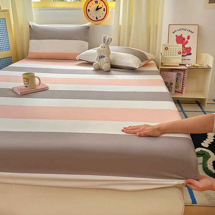 十一家居 2025新款亲肤裸睡云朵棉水洗棉床笠-洛可系列 桃灰格