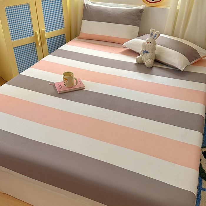 91家纺网 家纺一手货源 找家纺 十一家居 2025新款亲肤裸睡云朵棉水洗棉床笠-洛可系列 桃灰格