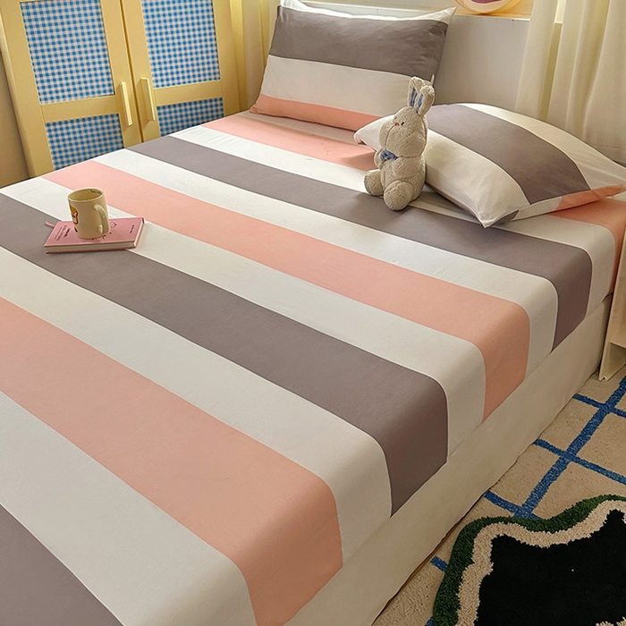 91家纺网 家纺一手货源 找家纺 十一家居 2025新款亲肤裸睡云朵棉水洗棉床笠-洛可系列 桃灰格