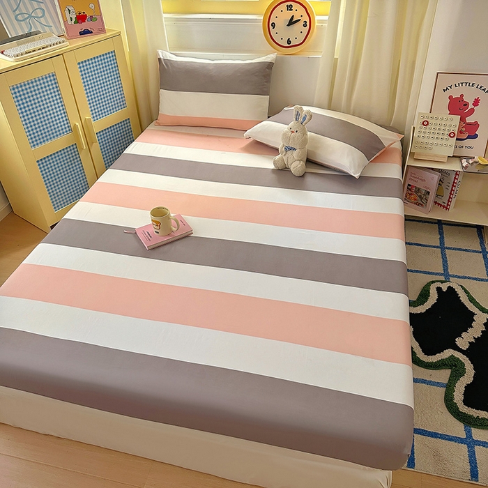 91家纺网 家纺一手货源 找家纺 十一家居 2025新款亲肤裸睡云朵棉水洗棉床笠-洛可系列 桃灰格