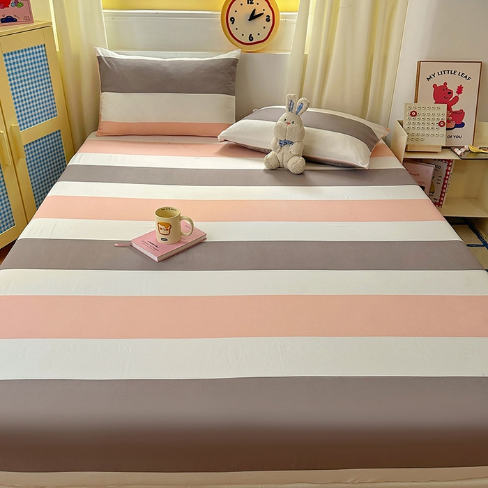 91家纺网 家纺一手货源 找家纺 十一家居 2025新款亲肤裸睡云朵棉水洗棉床笠-洛可系列 桃灰格