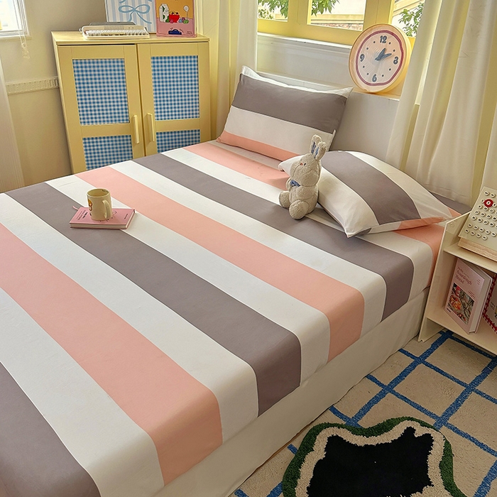 91家纺网 家纺一手货源 找家纺 十一家居 2025新款亲肤裸睡云朵棉水洗棉床笠-洛可系列 桃灰格