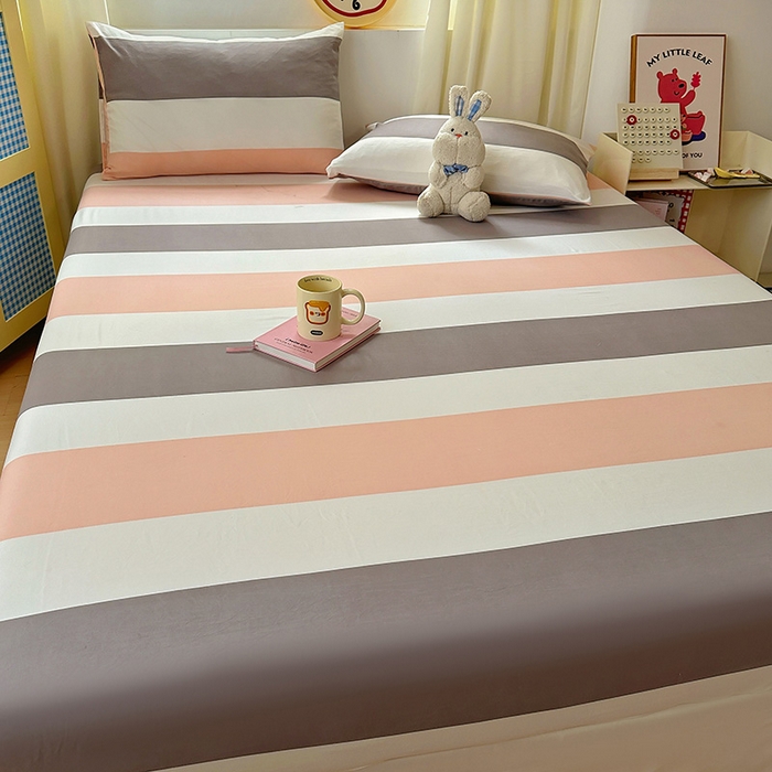 91家纺网 家纺一手货源 找家纺 十一家居 2025新款亲肤裸睡云朵棉水洗棉床笠-洛可系列 桃灰格