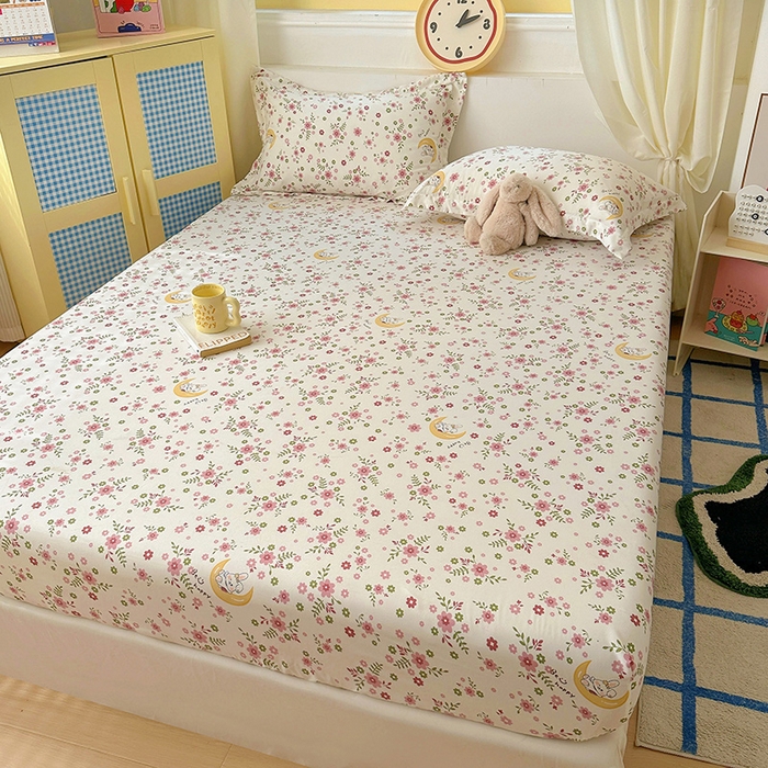 91家纺网 家纺一手货源 找家纺 十一家居 2025新款小清新印花款高克重加厚升级款云朵棉水洗棉床笠 花林小兔