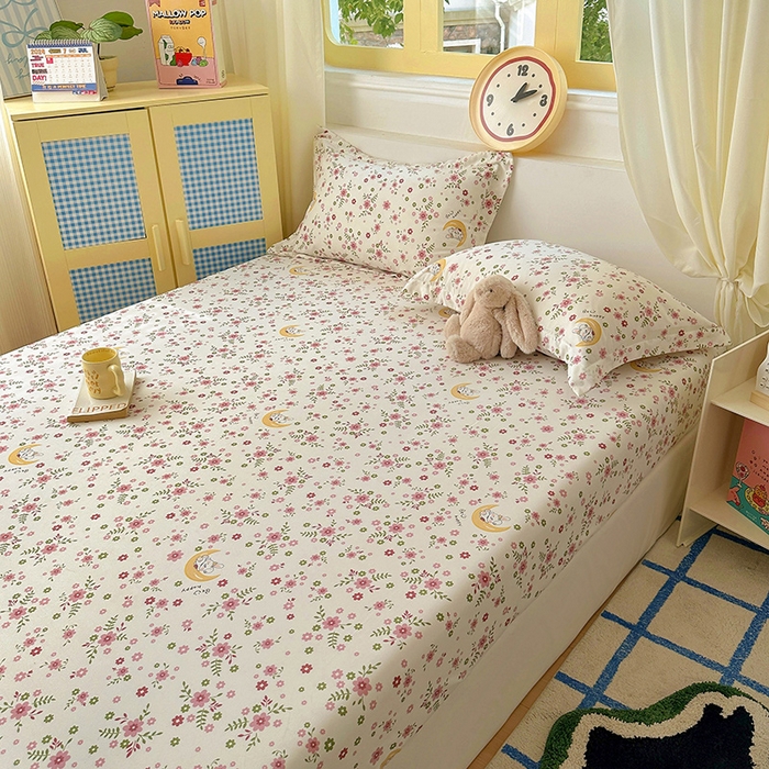 91家纺网 家纺一手货源 找家纺 十一家居 2025新款小清新印花款高克重加厚升级款云朵棉水洗棉床笠 花林小兔