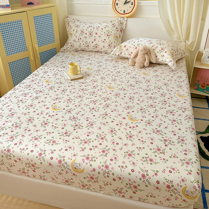 91家纺网 家纺一手货源 找家纺 十一家居 2025新款小清新印花款高克重加厚升级款云朵棉水洗棉床笠 花林小兔