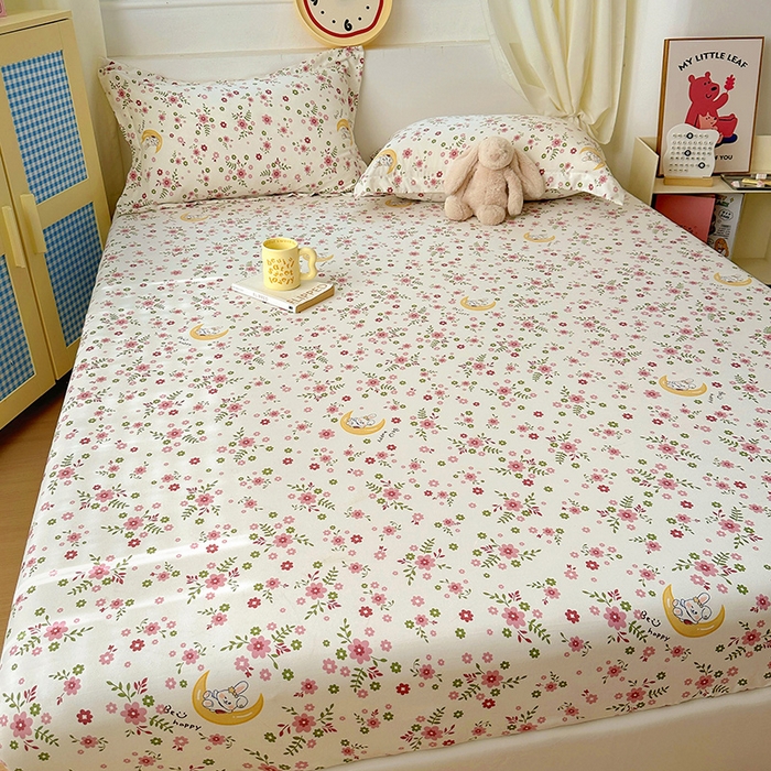 91家纺网 家纺一手货源 找家纺 十一家居 2025新款小清新印花款高克重加厚升级款云朵棉水洗棉床笠 花林小兔