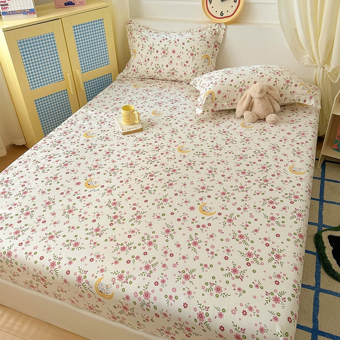 91家纺网 家纺一手货源 找家纺 十一家居 2025新款小清新印花款高克重加厚升级款云朵棉水洗棉床笠 花林小兔