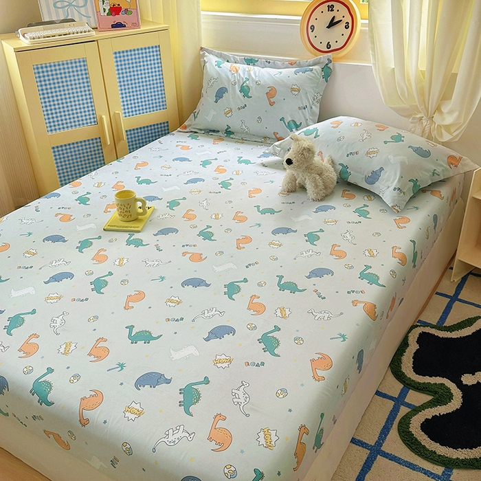 91家纺网 家纺一手货源 找家纺 十一家居 2025新款小清新印花款高克重加厚升级款云朵棉水洗棉床笠 恐龙乐园