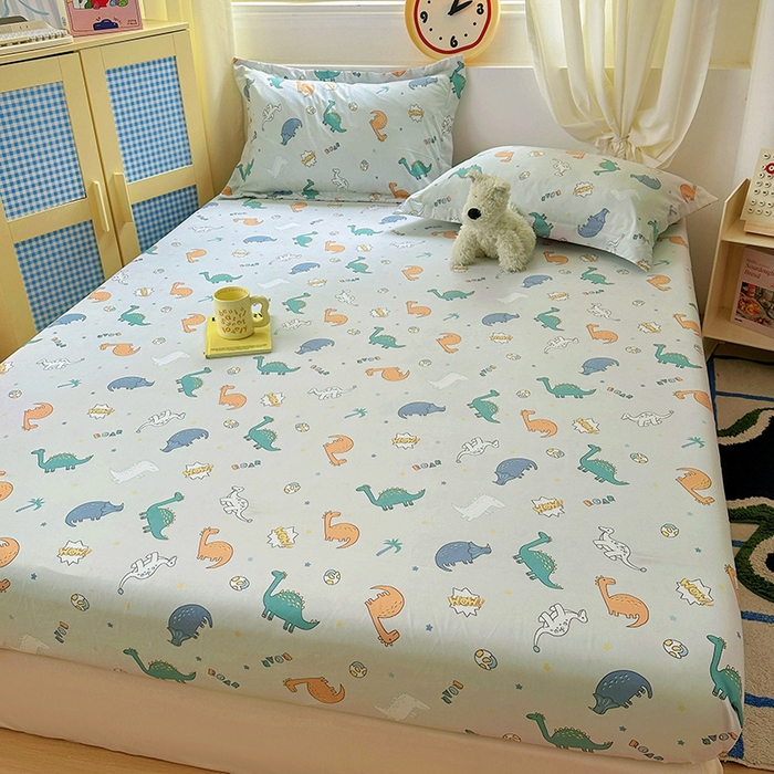 91家纺网 家纺一手货源 找家纺 十一家居 2025新款小清新印花款高克重加厚升级款云朵棉水洗棉床笠 恐龙乐园