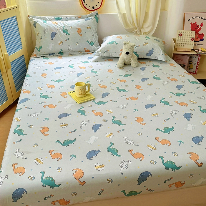 91家纺网 家纺一手货源 找家纺 十一家居 2025新款小清新印花款高克重加厚升级款云朵棉水洗棉床笠 恐龙乐园