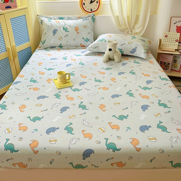 91家纺网 家纺一手货源 找家纺 十一家居 2025新款小清新印花款高克重加厚升级款云朵棉水洗棉床笠 恐龙乐园