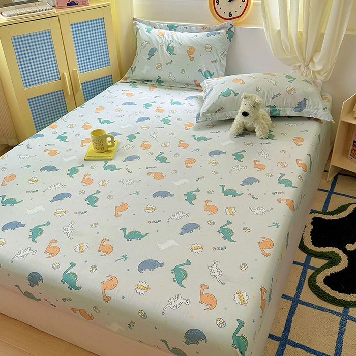 91家纺网 家纺一手货源 找家纺 十一家居 2025新款小清新印花款高克重加厚升级款云朵棉水洗棉床笠 恐龙乐园