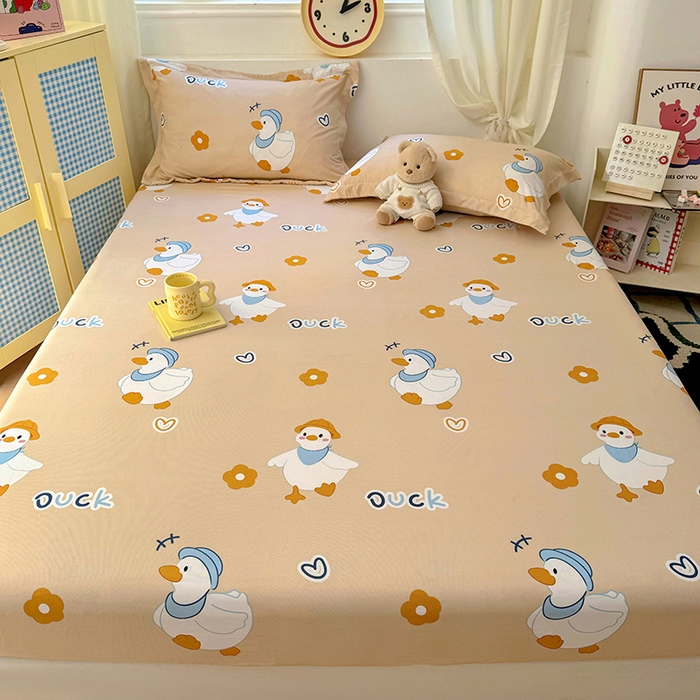 91家纺网 家纺一手货源 找家纺 十一家居 2025新款小清新印花款高克重加厚升级款云朵棉水洗棉床笠 萌萌可达鸭