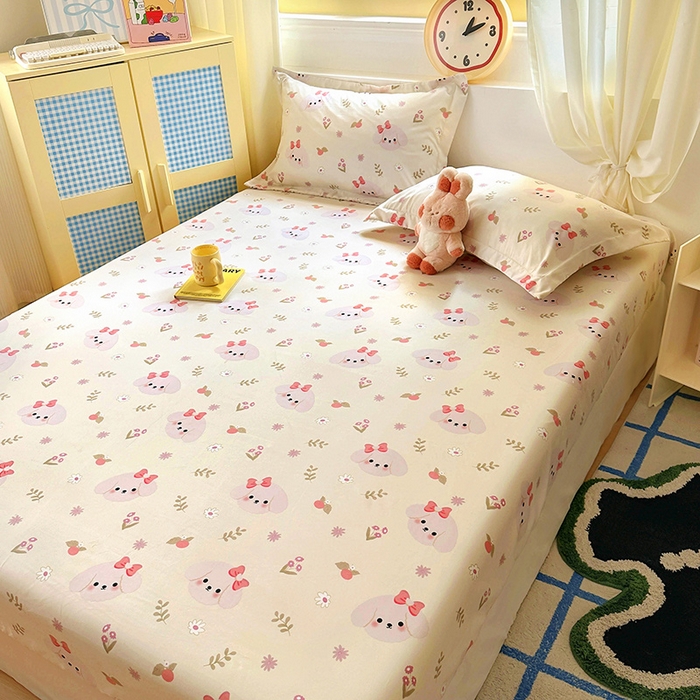 91家纺网 家纺一手货源 找家纺 十一家居 2025新款小清新印花款高克重加厚升级款云朵棉水洗棉床笠 萌趣小狗