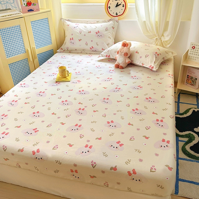 91家纺网 家纺一手货源 找家纺 十一家居 2025新款小清新印花款高克重加厚升级款云朵棉水洗棉床笠 萌趣小狗