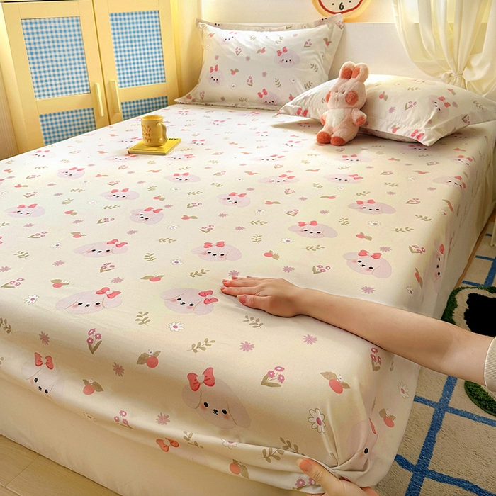 91家纺网 家纺一手货源 找家纺 十一家居 2025新款小清新印花款高克重加厚升级款云朵棉水洗棉床笠 萌趣小狗