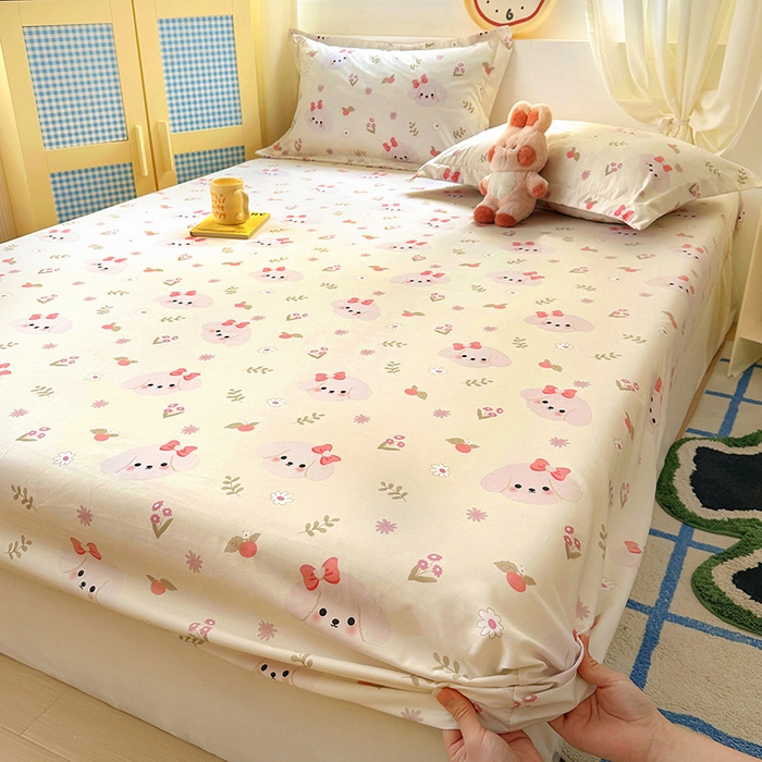 91家纺网 家纺一手货源 找家纺 十一家居 2025新款小清新印花款高克重加厚升级款云朵棉水洗棉床笠 萌趣小狗