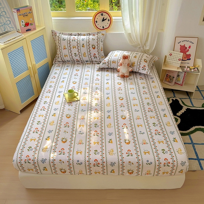 91家纺网 家纺一手货源 找家纺 十一家居 2025新款小清新印花款高克重加厚升级款云朵棉水洗棉床笠 兔兔庄园