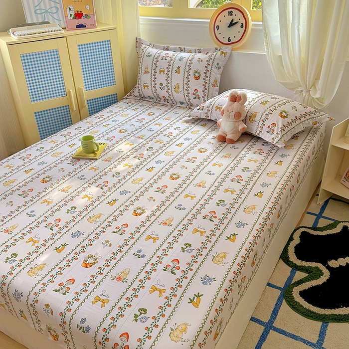 91家纺网 家纺一手货源 找家纺 十一家居 2025新款小清新印花款高克重加厚升级款云朵棉水洗棉床笠 兔兔庄园