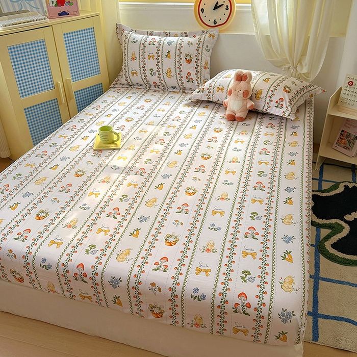 91家纺网 家纺一手货源 找家纺 十一家居 2025新款小清新印花款高克重加厚升级款云朵棉水洗棉床笠 兔兔庄园