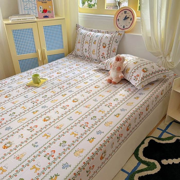 91家纺网 家纺一手货源 找家纺 十一家居 2025新款小清新印花款高克重加厚升级款云朵棉水洗棉床笠 兔兔庄园