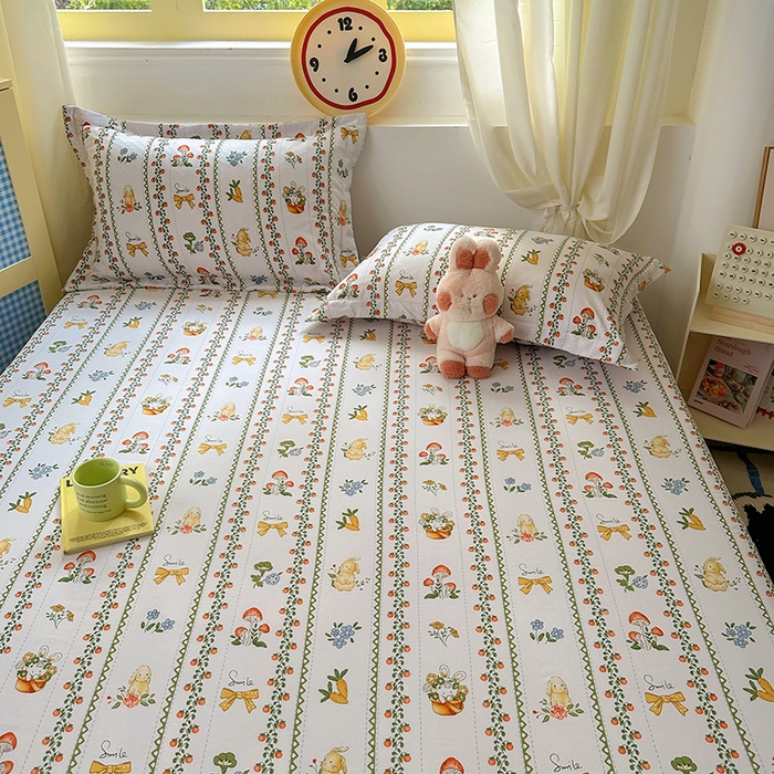 91家纺网 家纺一手货源 找家纺 十一家居 2025新款小清新印花款高克重加厚升级款云朵棉水洗棉床笠 兔兔庄园