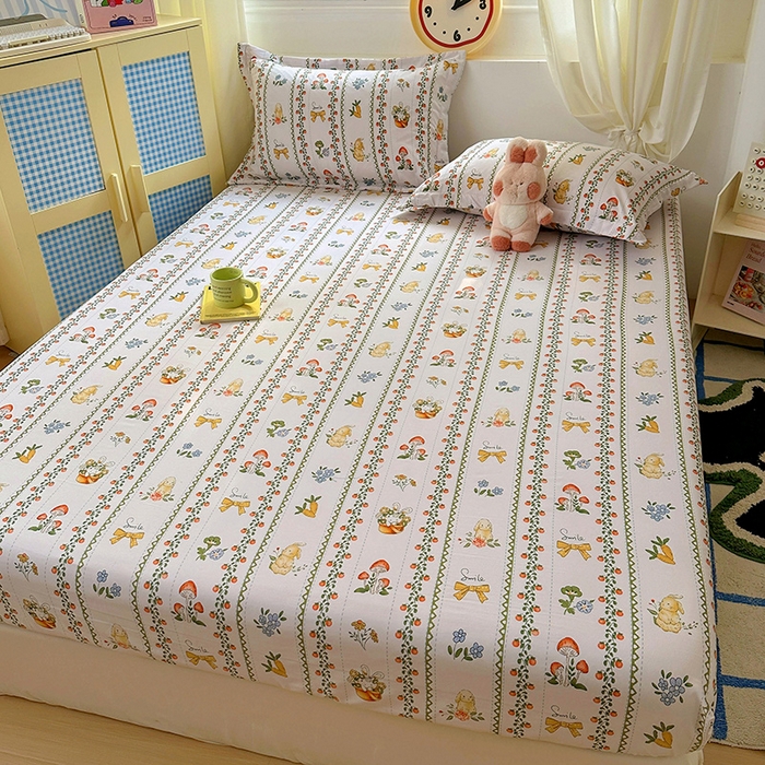 91家纺网 家纺一手货源 找家纺 十一家居 2025新款小清新印花款高克重加厚升级款云朵棉水洗棉床笠 兔兔庄园