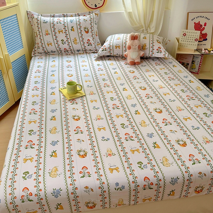 91家纺网 家纺一手货源 找家纺 十一家居 2025新款小清新印花款高克重加厚升级款云朵棉水洗棉床笠 兔兔庄园