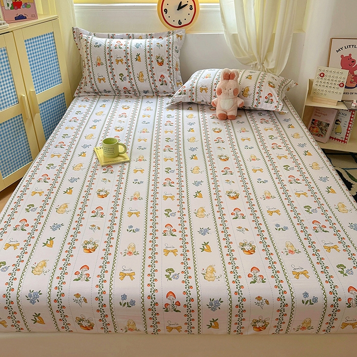 91家纺网 家纺一手货源 找家纺 十一家居 2025新款小清新印花款高克重加厚升级款云朵棉水洗棉床笠 兔兔庄园