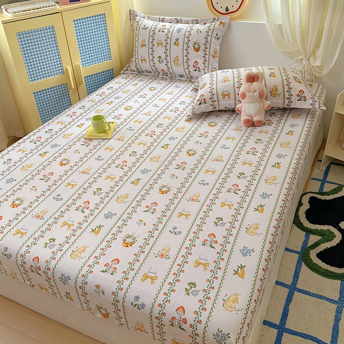 91家纺网 家纺一手货源 找家纺 十一家居 2025新款小清新印花款高克重加厚升级款云朵棉水洗棉床笠 兔兔庄园